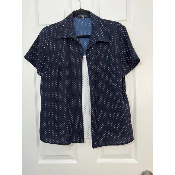 ELEMENTZ WOMENS SHORT SLEEVE LAYERED BLOUSE NAVY BLUE SIZE LARGE PETITE - Picture 1 of 5